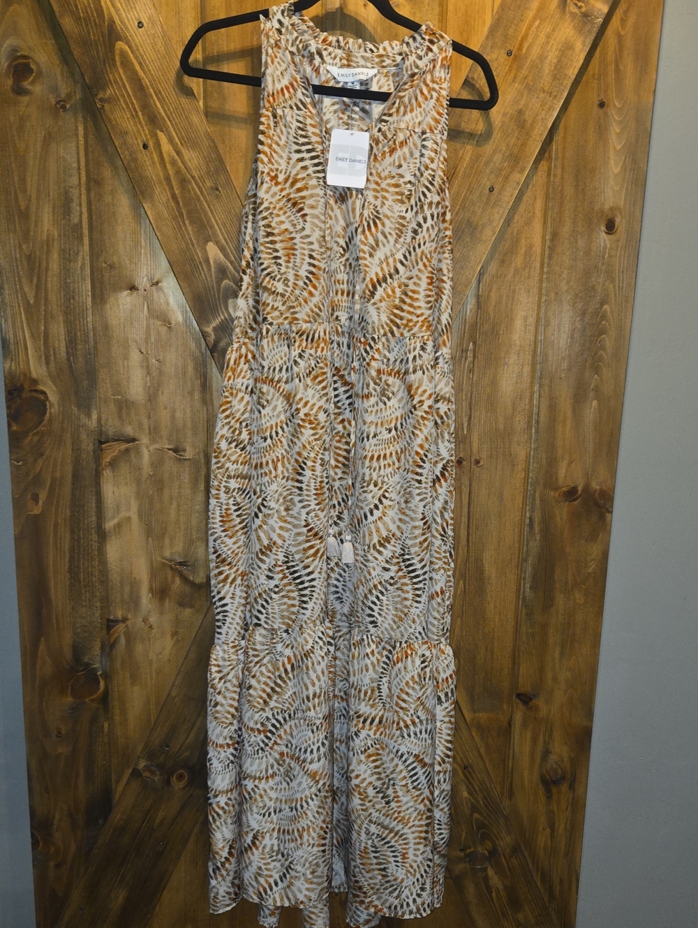 Emily Daniels Sleeveless Printed Maxi Dress in Tan and Cream